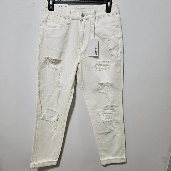 NWT Vervet Women's Emma Denim Distressed Frayed Mom Jeans White Size 26 B22 - Picture 1 of 10